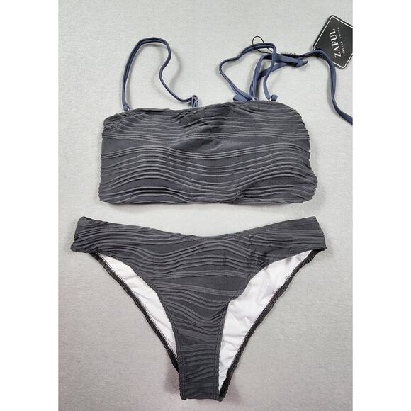 2 Piece Bandeau Swimsuit Ribbed Lace up Bikini High Cut Womens Size Medium Gray - Picture 1 of 7